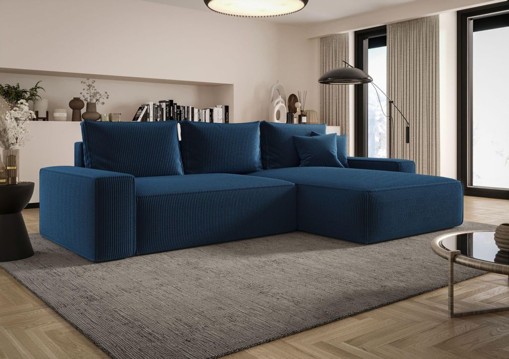 BEDANTE ECKSOFA MONA mit Schlaffunktion POSO 05 Dunkelblau Rechts L-Form Sofa mit Stauraum Bettkasten Wohnzimmersofa Couch Sofa Bettsofa Bettkasten...