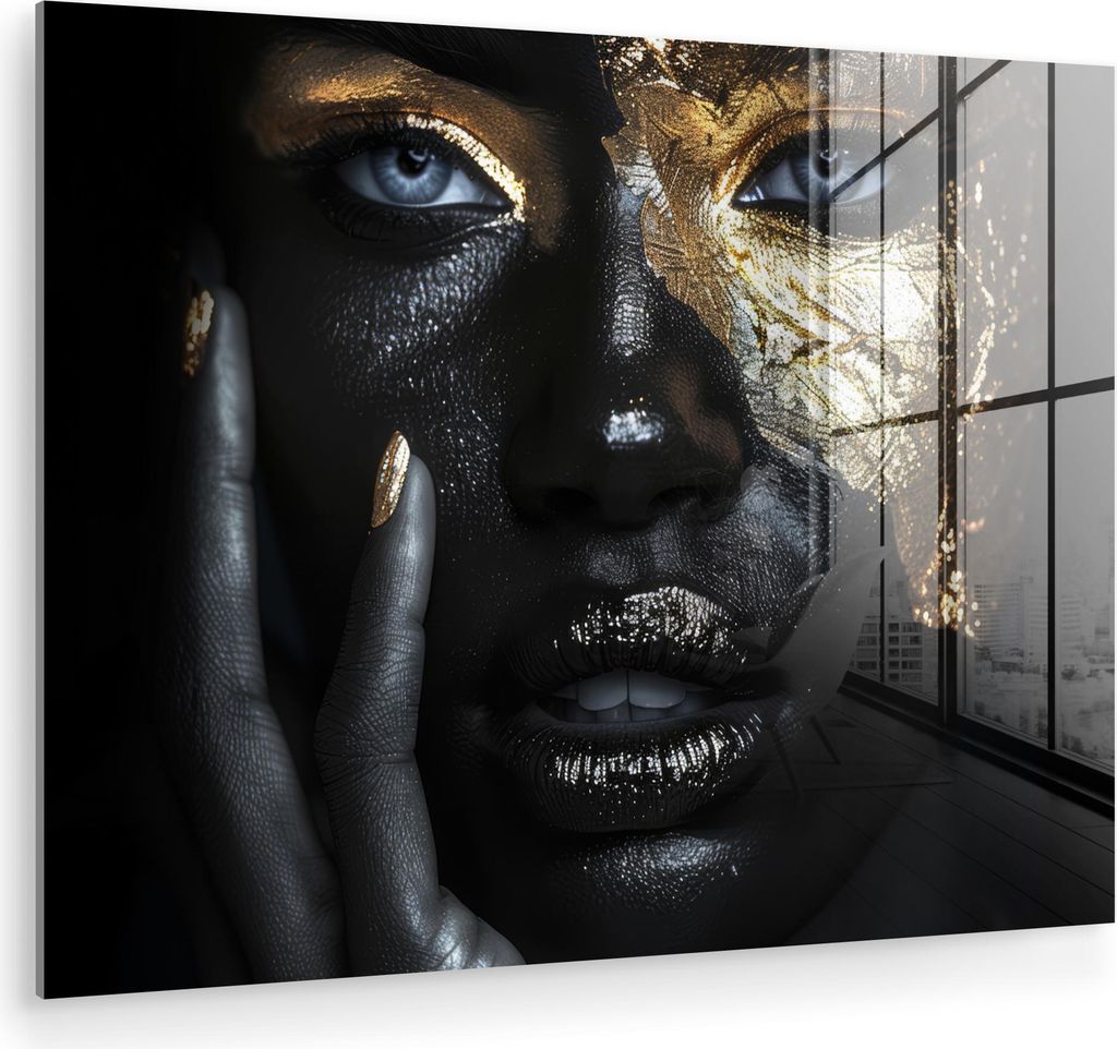 MuchoWow Glasbilder - Bilder auf Wandbild - Foto auf Glas Frau - Gold - Porträt - Modern - Schwarz - Abstrakt 40x30 cm Wanddekoration aus Glas - A...