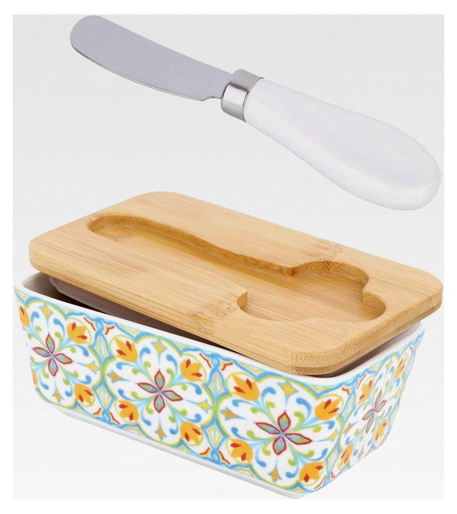 Butterdose mit Deckel aus Keramik und Buttermesser, praktische Aufbewahrungslösung und Serviertablett für die Arbeitsplatte, Geschenkidee für Fr...