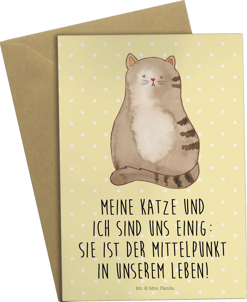 Mr. & Mrs. Panda Grußkarte Katze Sitzen - Gelb Pastell - Geschenk, weihnachtskarten, Cats, Grußkarten, glückwunschkarten, einladungskarten, oste...