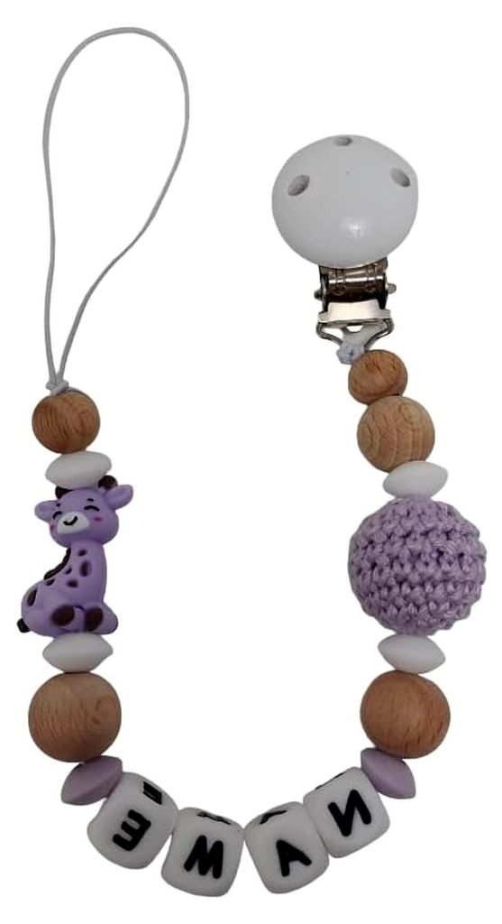 Personalisierte Schnullerkette mit Namen für Mädchen oder Jungen zur Geburt und Taufe (Giraffe flieder)