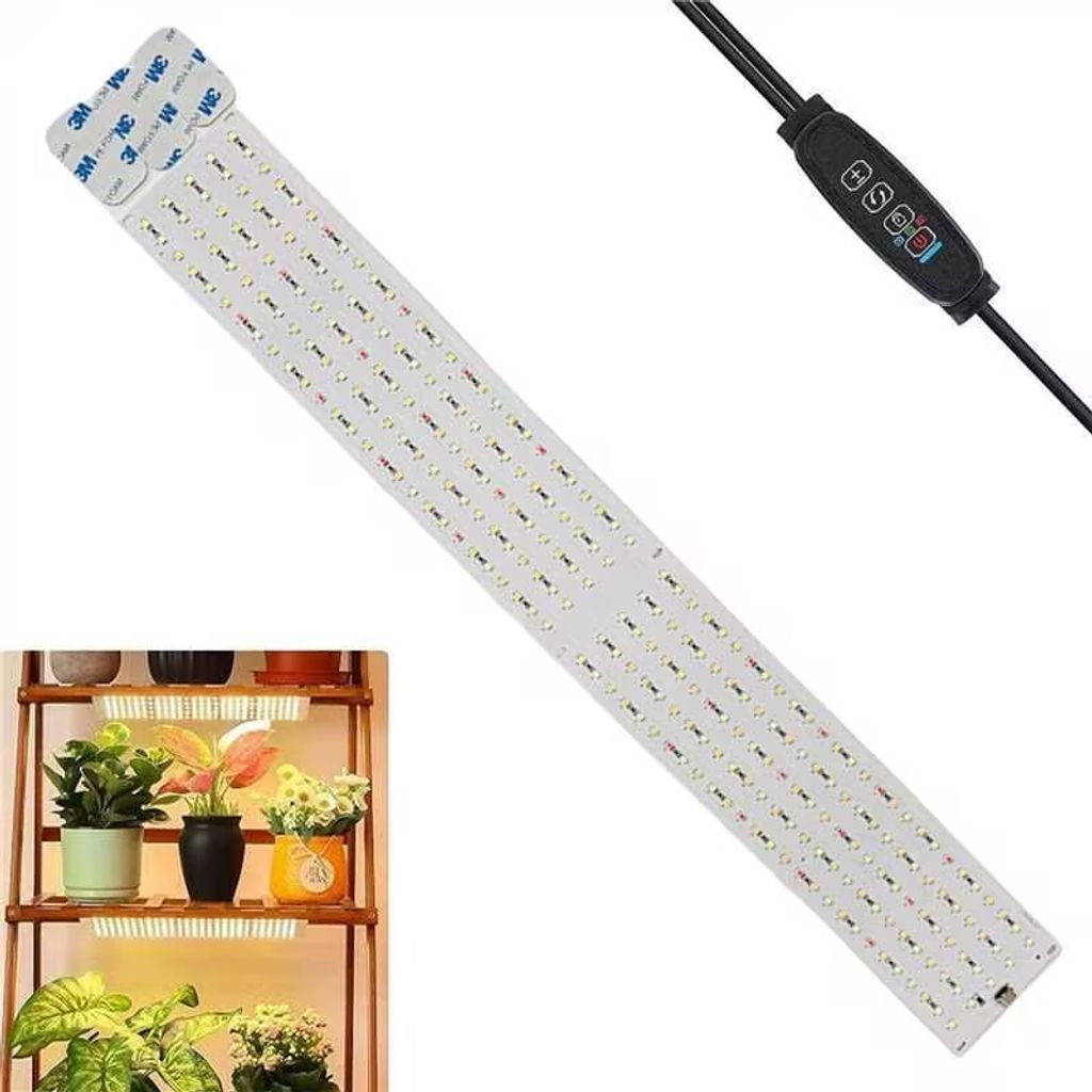 A grow light strip is shown diagonally across the image, with a shelf of plants in the lower left corner.