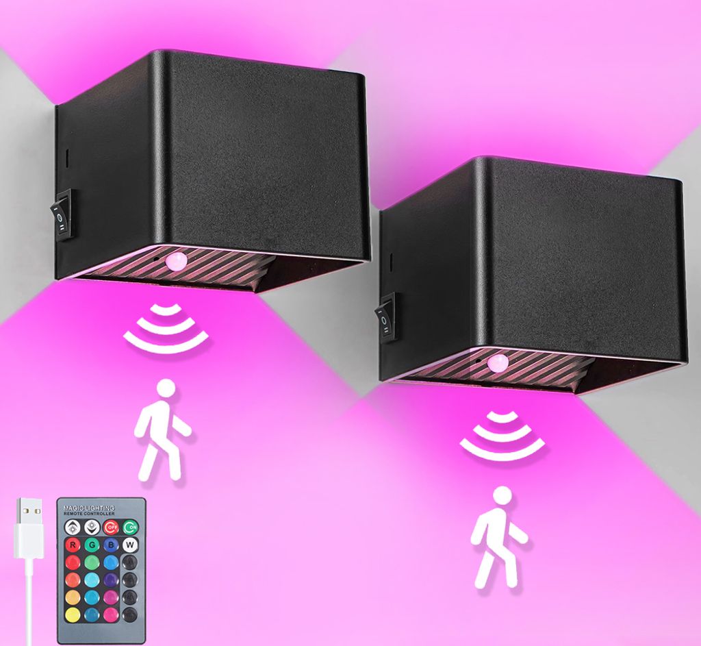 2x Schwarz Akku Wandleuchte Mit Bewegungsmelder, Innen Led Wandlampe, 5W RGB Wandbeleuchtung Flurlampe Für Wand Schlafzimmer Wohnzimmer Treppe Flur