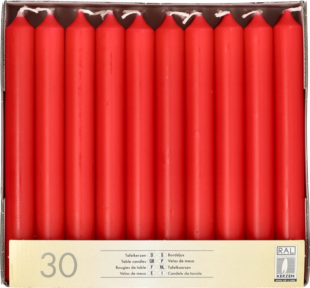 A box of red table candles.