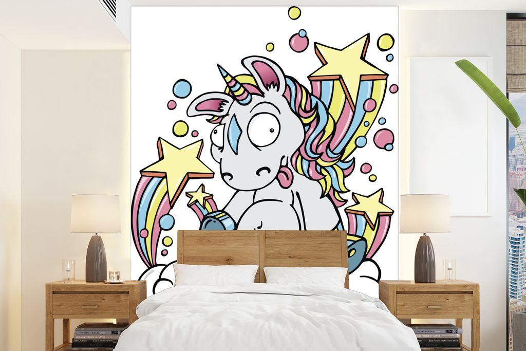 MuchoWow Fototapete für Wohnzimmer oder Schlafzimmer Wandtapete Vinyl Motivtapete Eine Illustration eines weißen Einhorns auf einer Wolke - Mä...