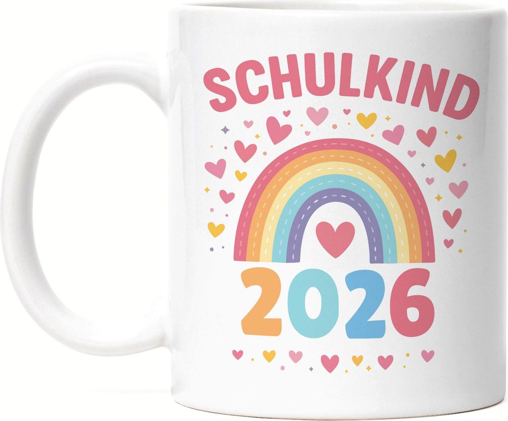 Schulkind 2026 Regenbogen Motiv Tasse Weiß Geschenk Einschulung Herz bunt Erstklässler Kinder Schulkind