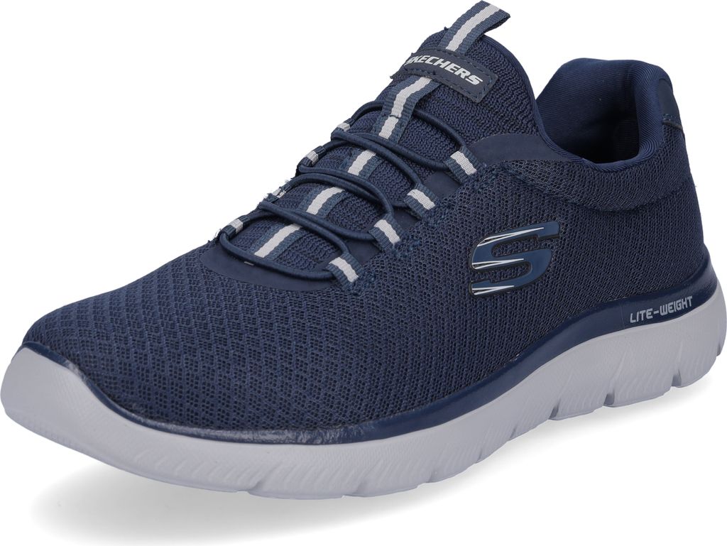 A single blue SKECHERS shoe is shown against a white background.