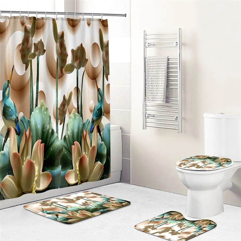 Set da 4 per il bagno con motivo floreale, composto da tenda da doccia impermeabile, tappetino da bagno, tappetino per il wc e copriwater, stile 10