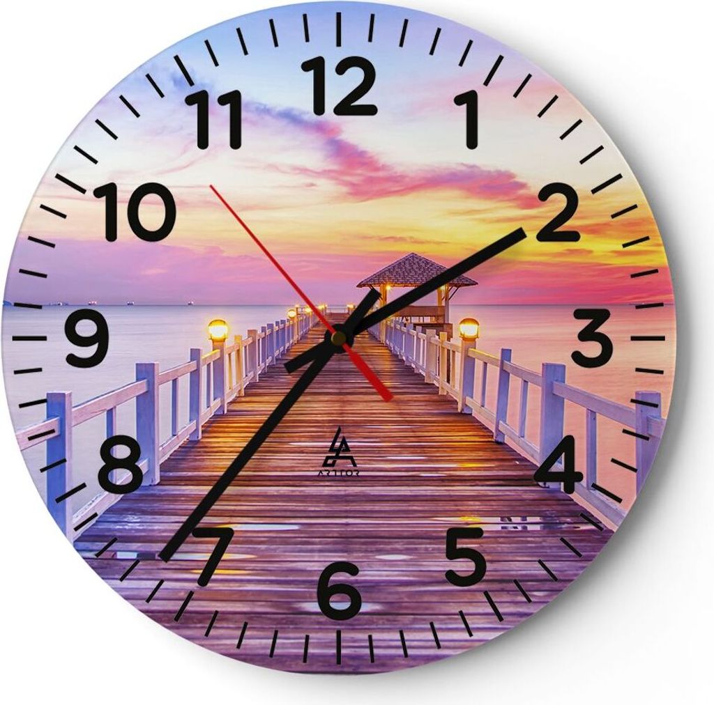 Wanduhr - Rund - Glasuhr - Sonnenuntergang Wasser Brücke Horizont - 40x40cm - Schleichendes Uhrwerk - Lautlos - zum Aufhängen bereit - Dekoration...