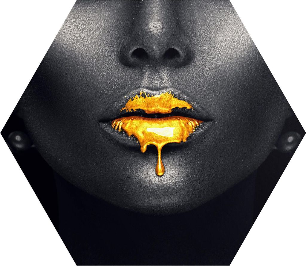 DEQORI Fototapete Sechseck 55x47,6 cm 'Goldbedeckte Lippen' Wand Tapete Leinwand Sticker