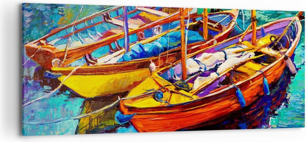 Bild auf Leinwand - Leinwandbild - Boote Bunt Angeln Wasser - 120x50cm - Wand Bild - Wanddeko - Leinwanddruck - Bilder - Kunstdruck - Wanddekoratio...