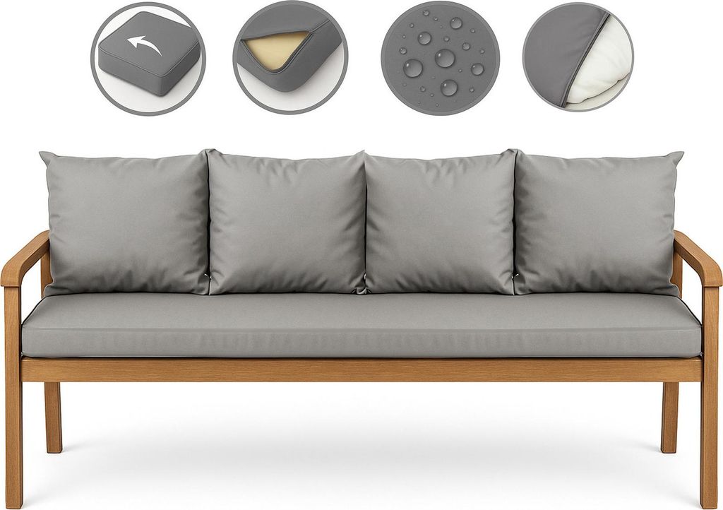 A wooden sofa with grey cushions, shown with inset images highlighting product features.