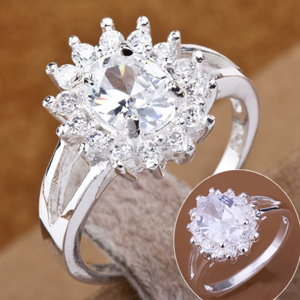 Damenmode OL Luxus glänzender Zirkon Sonnenblume versilberter Ring Schmuck Geschenk-US Size 8