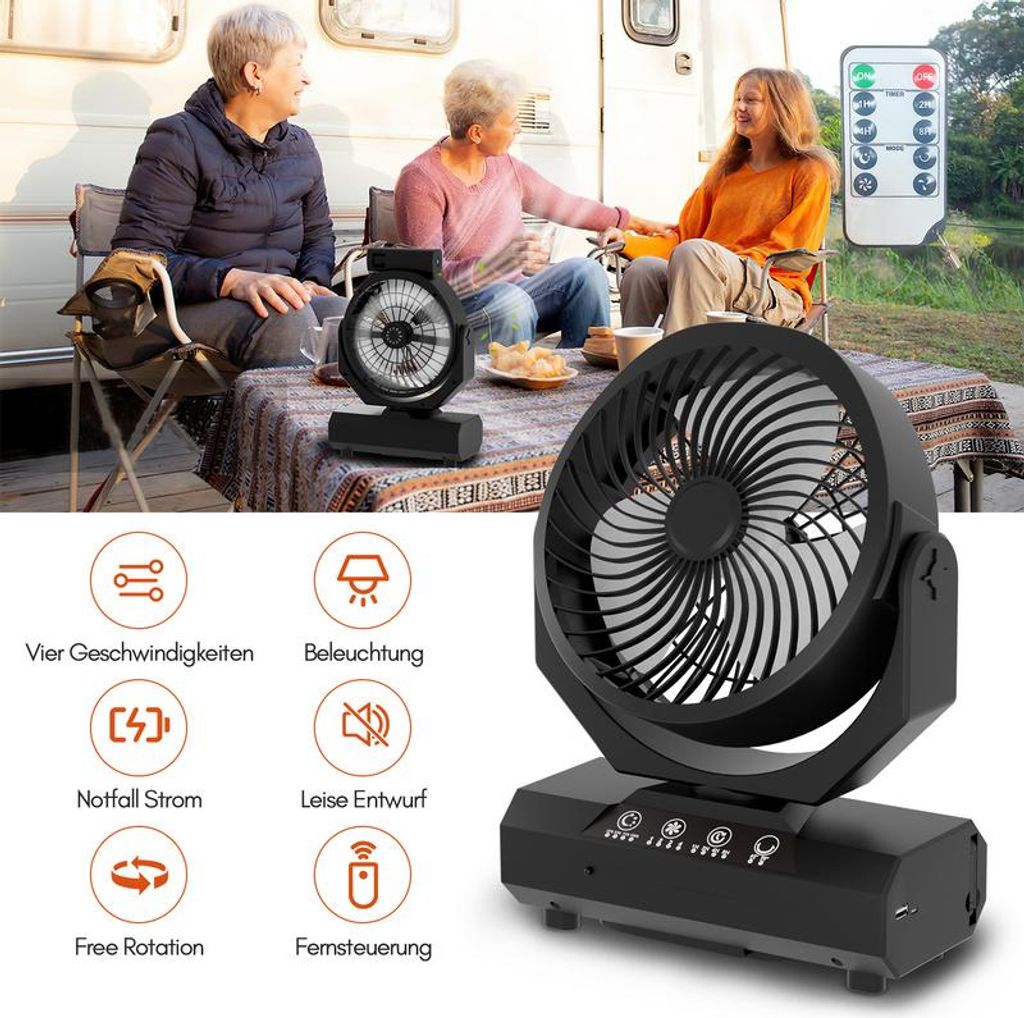 Clanmacy Tischventilator,Camping Ventilator, wiederaufladbar, 20000mAh Akku, 4 Geschwindigkeiten, mit Fernbedienung, LED Licht und Haken,für Outdo...