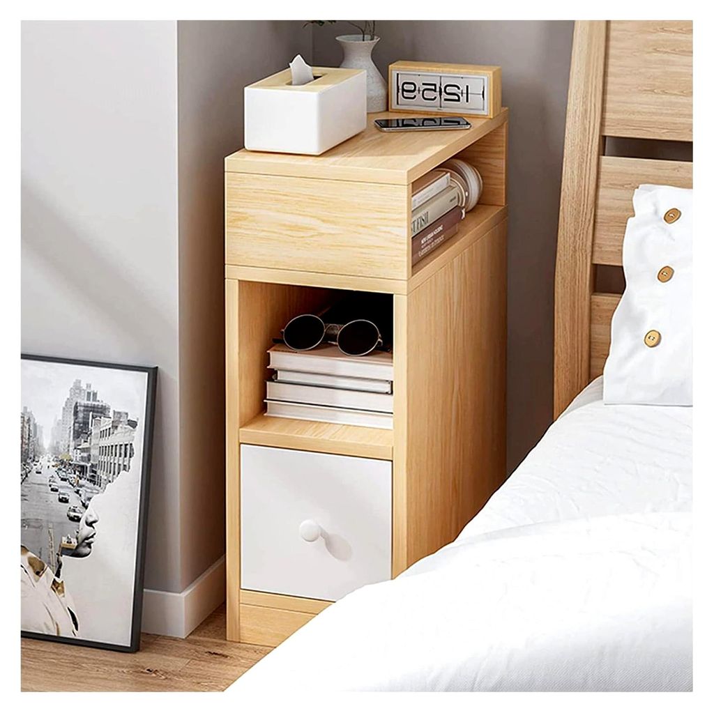 Moderner Nachttisch aus Holz mit Schublade und 2 offenen Regalen, 25 cm schmal