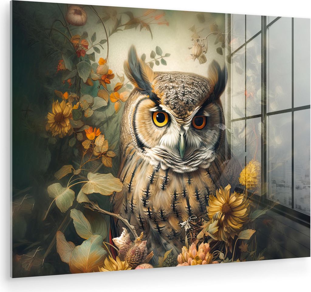 MuchoWow Glasbilder - Bilder auf Wandbild - Foto auf Glas Eule - Vögel - Blumen - Natur 40x30 cm Wanddekoration aus Glas - Acrylglasbild - Acrylbi...