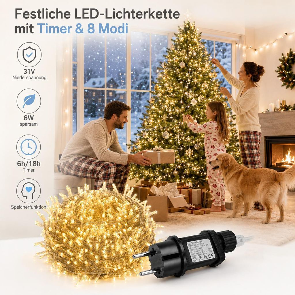 LED Lichterkette 20m Lichterkette Mit 200 LEDs – Warmweiß, Grünes Kabel, IP65 Wasserdicht, Timer & 8 Modi, Für Weihnachtsbaum & Außenbereich