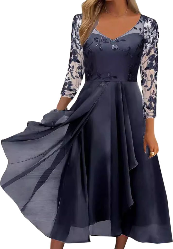 ASKSA Damen Elegant Spitzenkleid V-Ausschnitt Cocktailkleid Hochzeit Midi Abendkleider (Schwarz,XXL)