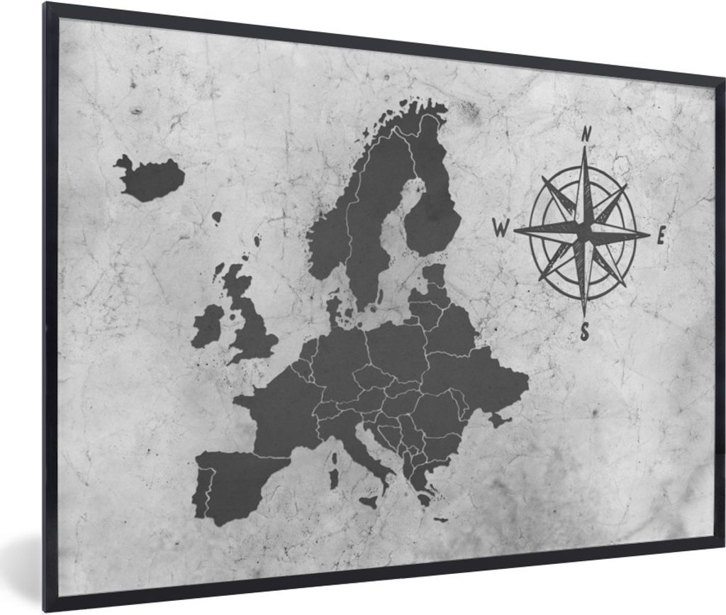 MuchoWow Gerahmtes Poster Vintage Eurocard mit großer Kompassrose - schwarz und weiß 90x60 cm - Poster mit Schwarzem Bilderrahmen Wandposter Ra...