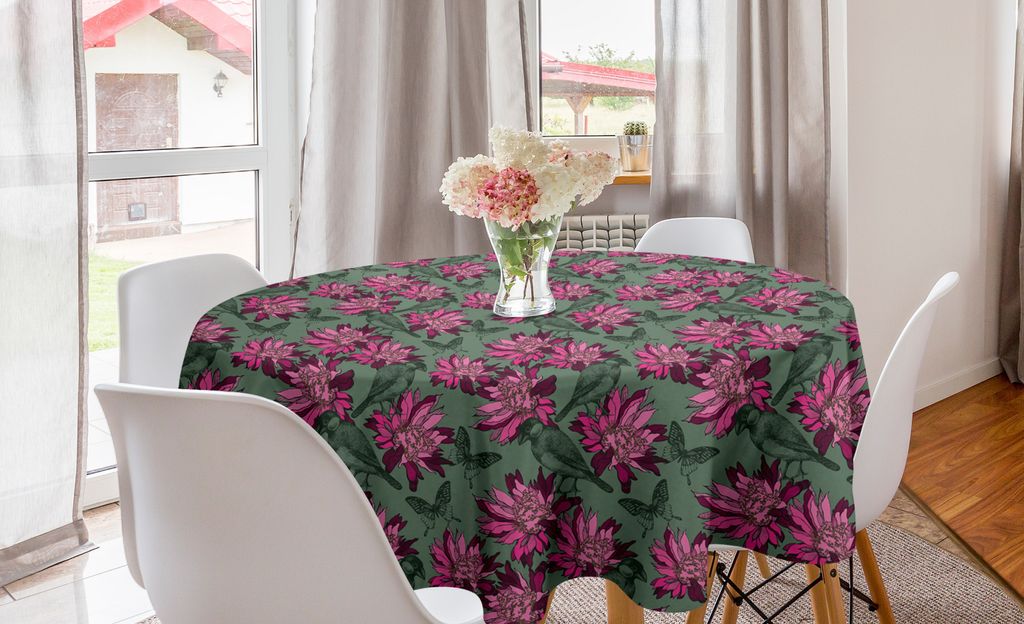 ABAKUHAUS Blumen Runde Tischdecke, Vögel Sketch-Blumen-Kunst, Kreis Tischdecke Abdeckung für Esszimmer Küche Dekoration, 150 cm, Rosa Laurel Grün