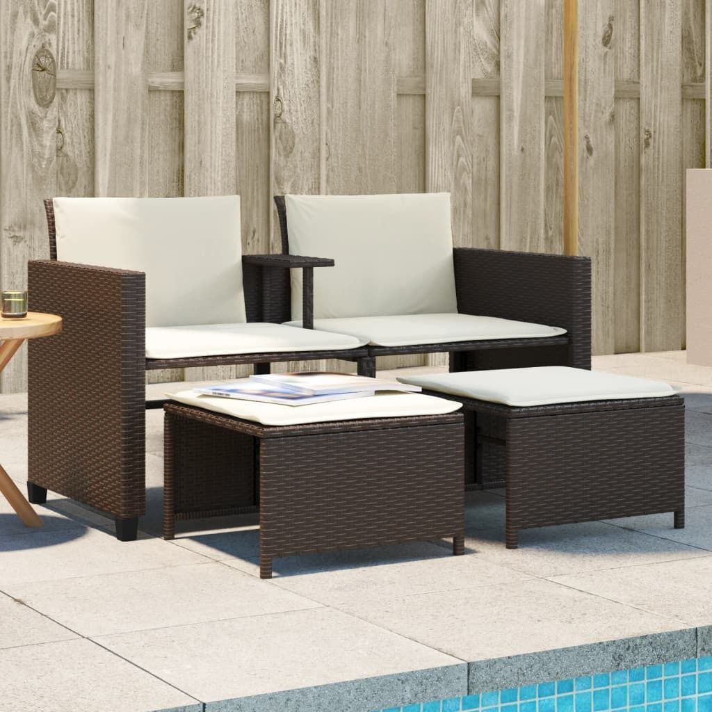 Maison Exclusive - Gartensofa 2-Sitzer mit Tisch und Hockern Braun Poly Rattan