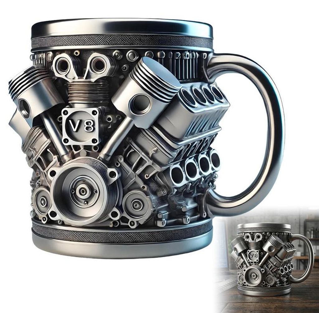 V8 Motor Tasse Edelstahl Kaffeebecher 450ml mit Isoliergriff Steampunk Design Geschenk für Autofans Männer