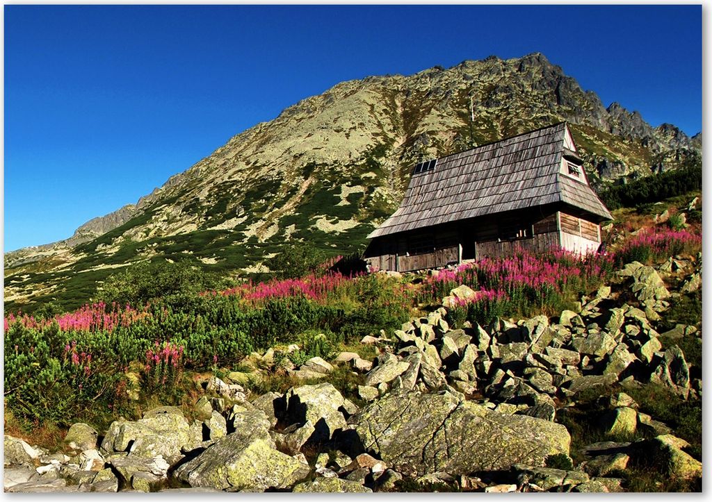 Tulup Leinwandbild - 100x70 cm - Wandkunst - Drucke auf Leinwand - Leinwanddruck - Landschaften - Braun - Almhütte Tal