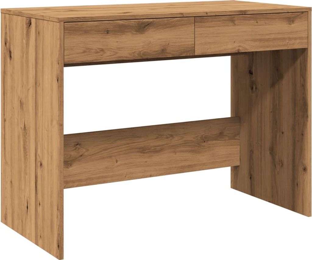 A wooden desk with two drawers and a shelf.