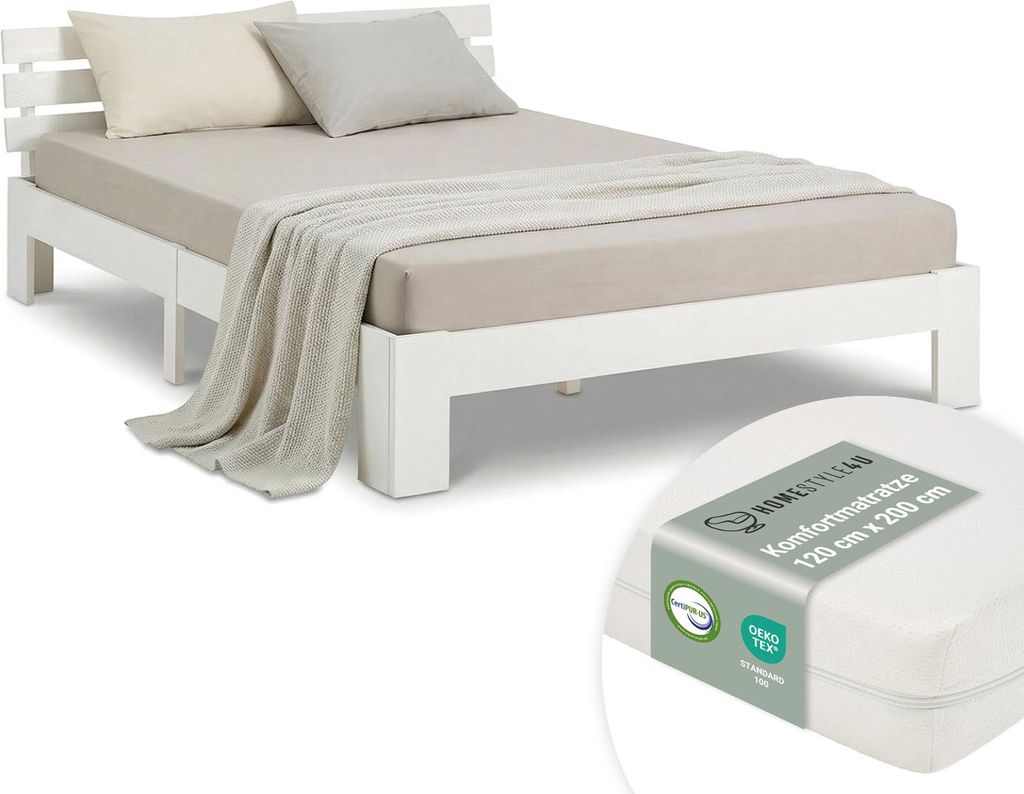 Lit double avec matelas et sommier 120x200 Lit blanc pin Image du produit 