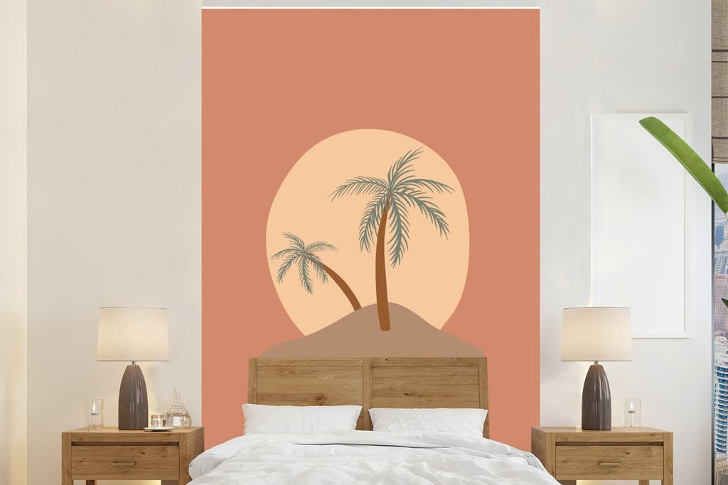 MuchoWow Fototapete für Wohnzimmer oder Schlafzimmer Wandtapete Vinyl Motivtapete Palme - Pastell - Rot - Sonne - 180x280 cm - Wallpaper