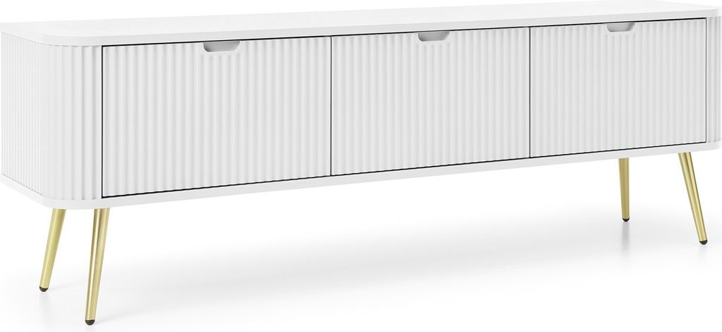 Fernsehschrank Zova Rtv-168 Tv-Lowboard 168X57X39 Cm 3 Türiger Unterschrank Mdf Weiß/Goldene Beine