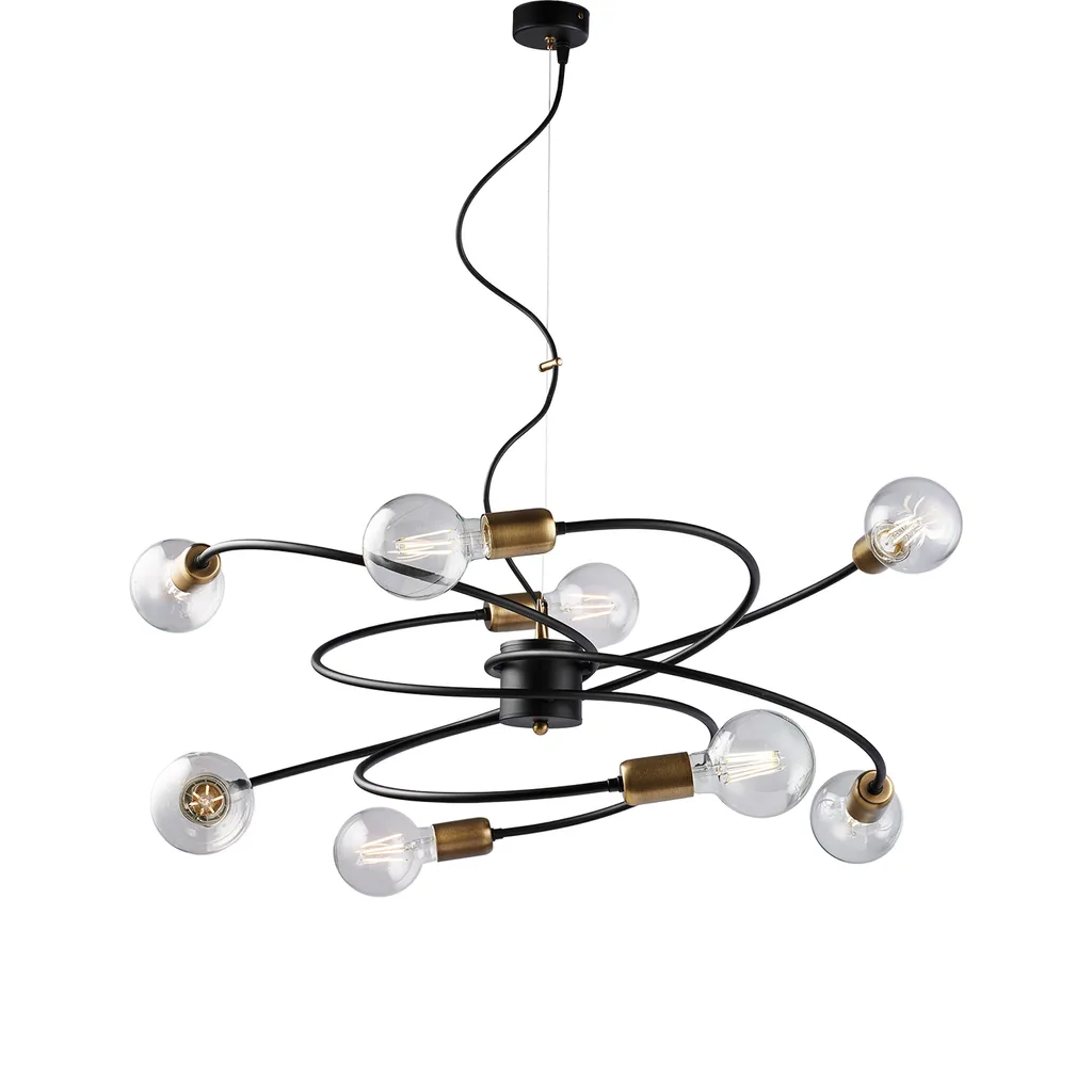 Suspension Vortex Noire 8 Lumières en Laiton Brossé D70 cm Style Loft