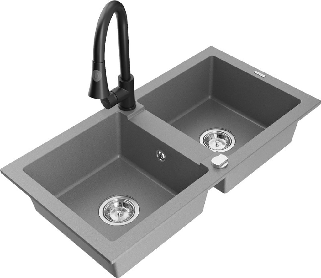 Mexen Mario 2-Becken-Granitspüle mit Mischbatterie Elia, Grau - 6504-71-670101-70