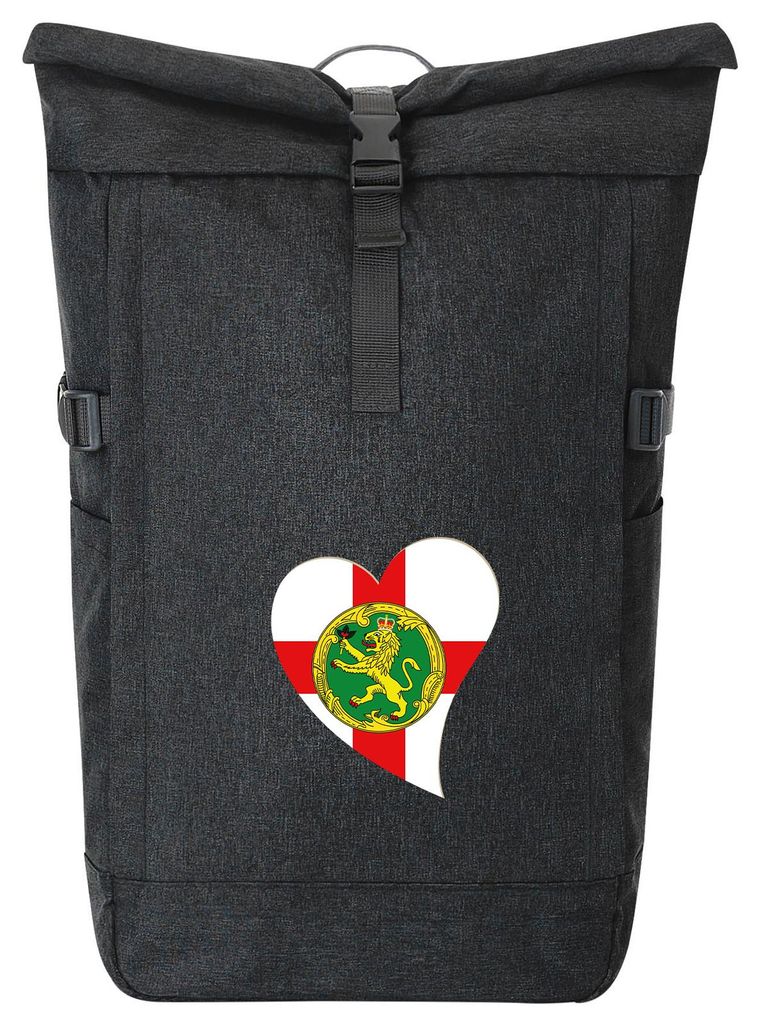 Huuraa Kurierrucksack Alderney Flagge Herz 30-44 Liter Black Melange Fairtrade Rolltop Rucksack Geschenkidee