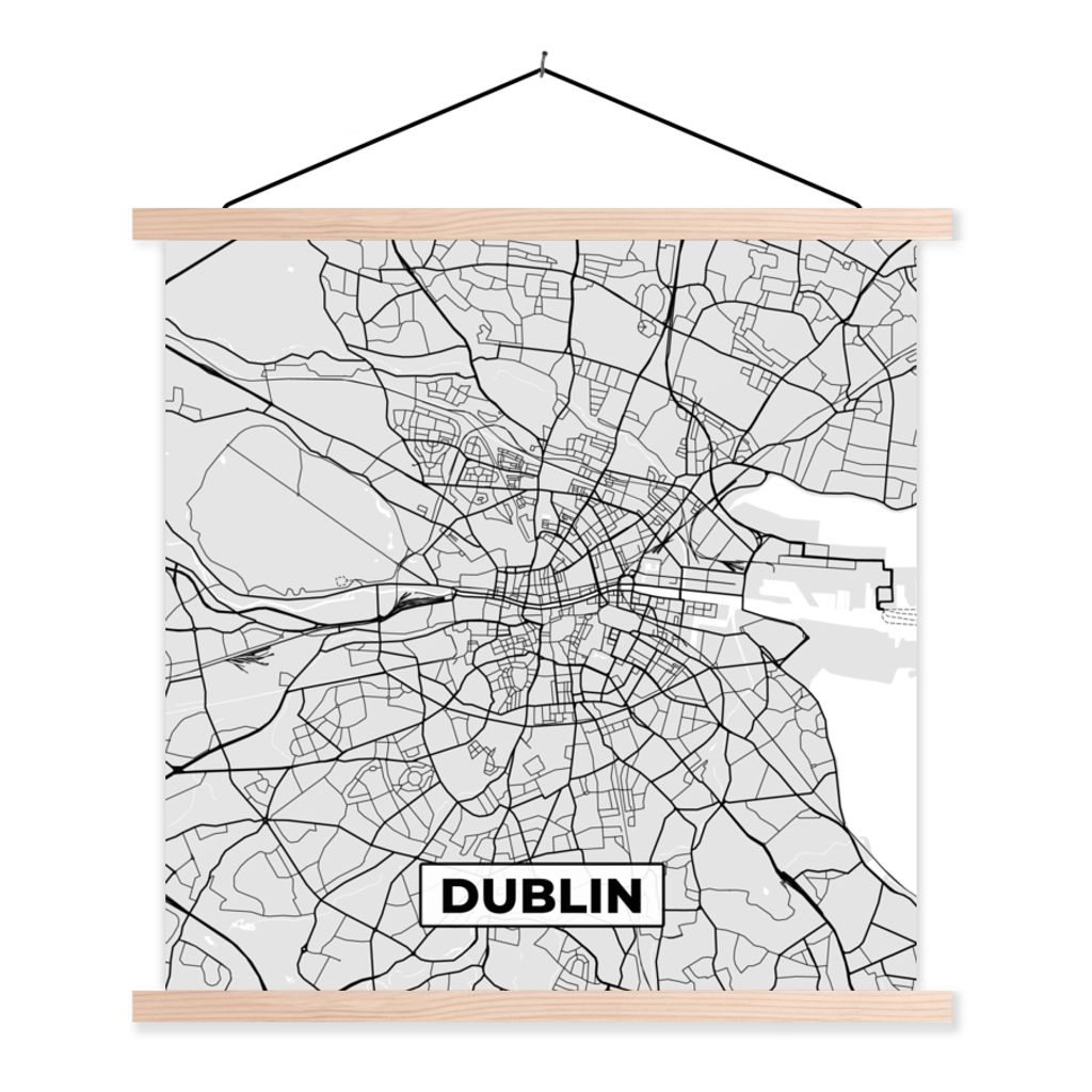 MuchoWow Textilposter Dublin - Stadtplan - Schwarz und Weiß - Karte 40x40 cm mit holzfarbenen Rahmen - Posterleiste