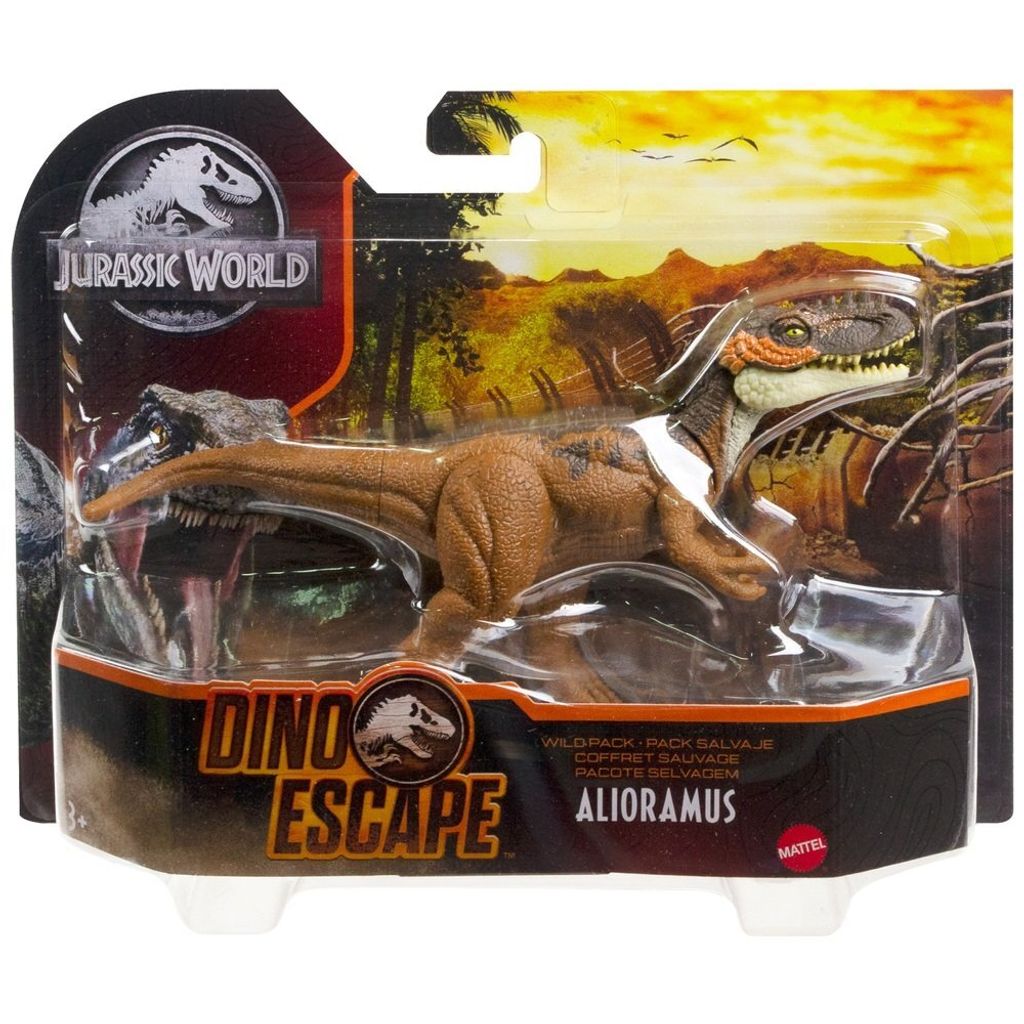 A toy dinosaur in its packaging, with a jungle-themed background.
