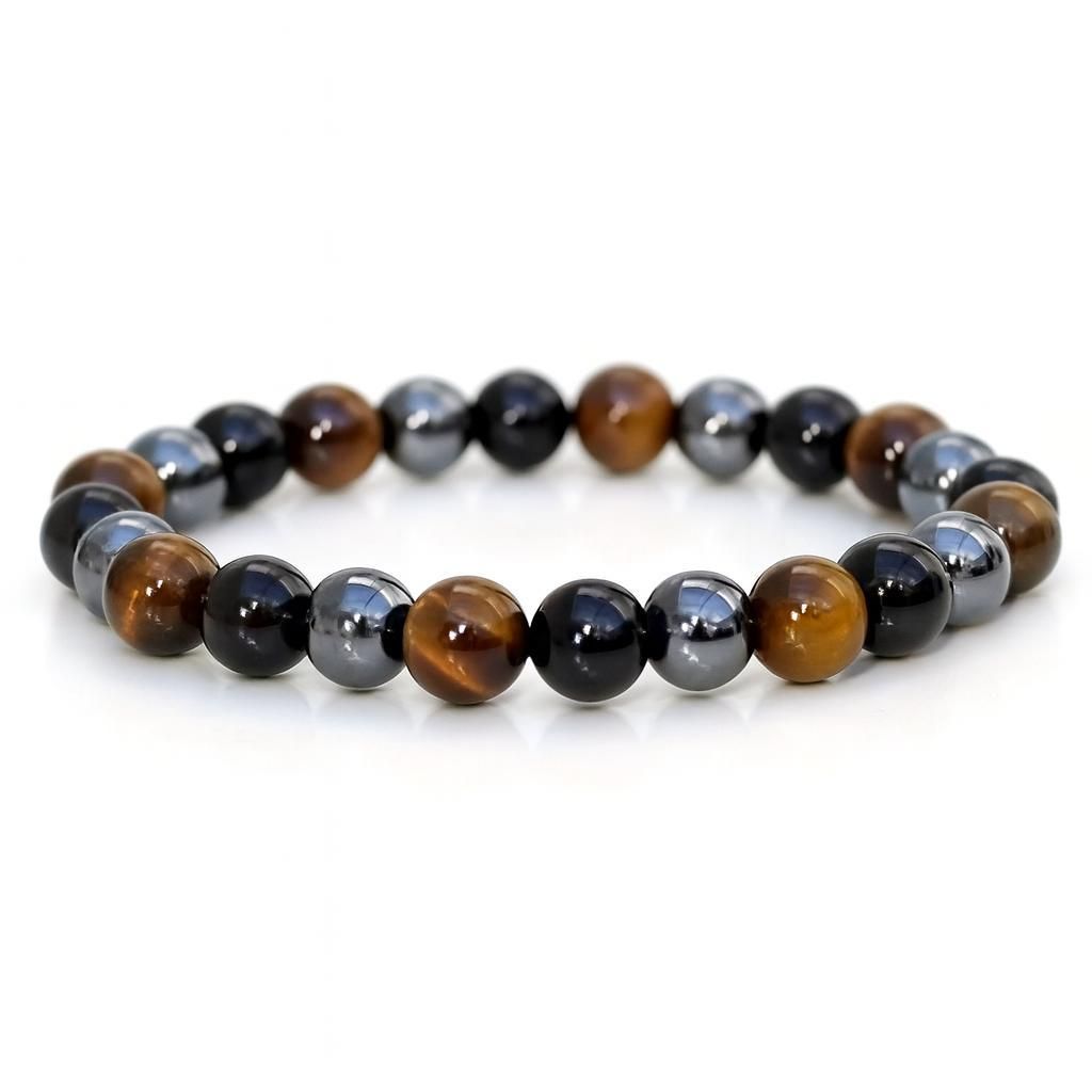 Elastisches Natursteinarmband mit Tigerauge, Obsidian & Produktbild 