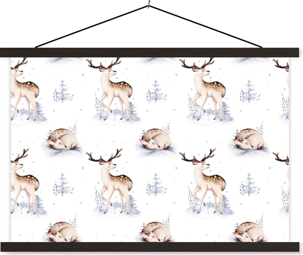 MuchoWow Textilposter Winter - Schnee - Hirsche 90x60 cm mit schwarzem Rahmen - Aufhängungssatz