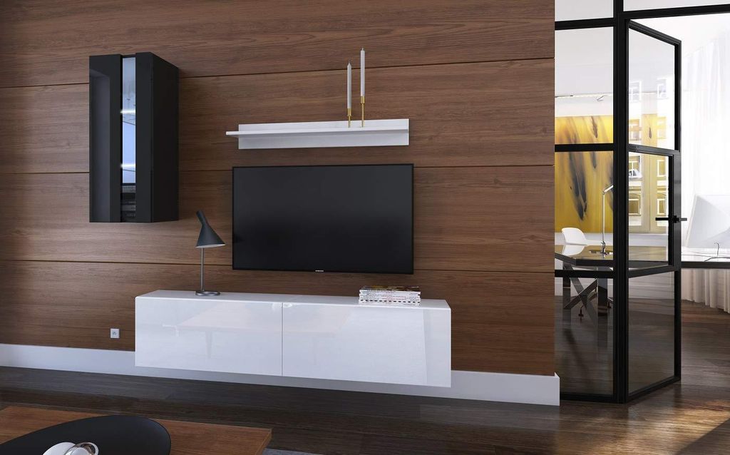 Furnitech Wohnwand Wohnzimmer - Hängend Wohnwand Modern - Regale und TV Schrank - Wohnzimmer Möbel ohne LED (Mery AN271-17BW-HG23 1A Klein)