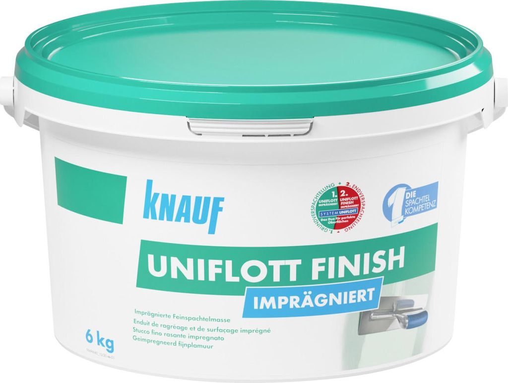A white plastic bucket with a teal lid containing Knauf Uniflott Finish.