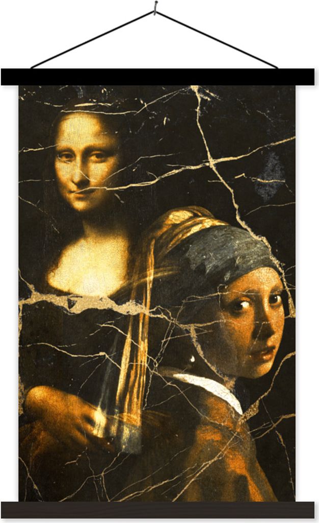 MuchoWow Textilposter Mädchen mit einem Perlenohrring - Mona Lisa - Gold 40x60 cm mit schwarzem Rahmen - Wanddekorationen