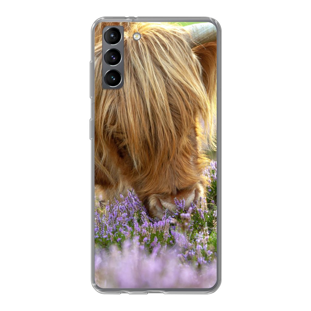MuchoWow Handyhülle Schutzhülle Hülle für Samsung Galaxy S21 Plus Schottische Highlander - Gras - Heidekraut - Tiere Silikon Softcase Handy H...
