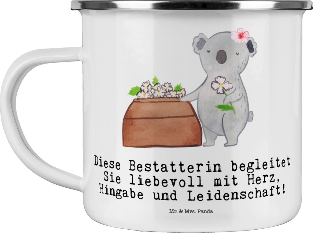 Mr. & Mrs. Panda Pott Bestatterin Herz - Weiß - Geschenk, Motivtasse, Danke, Emaille Becher, Blechtasse, Haferl, Teetasse