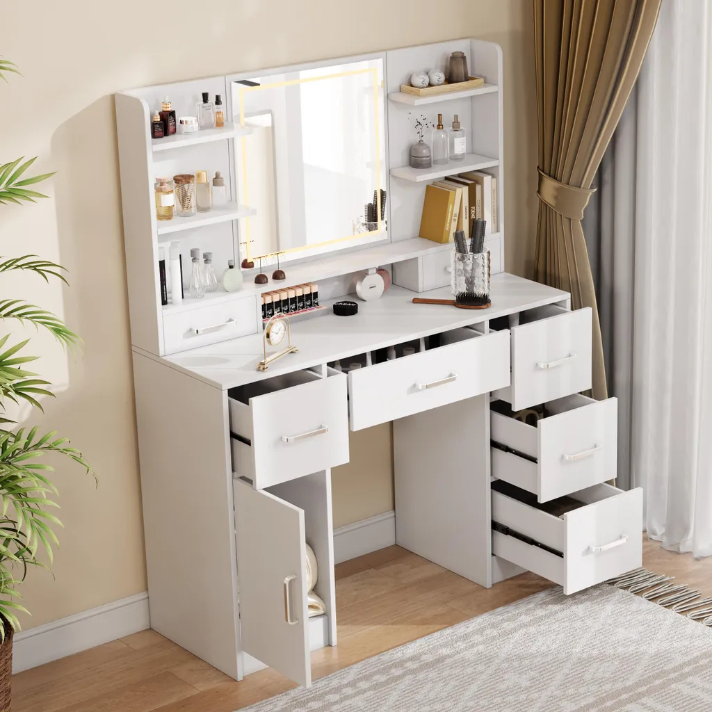 Coiffeuse Blanche pour Chambre avec Prises Intégrées et Miroir LED 3 Tons - 4