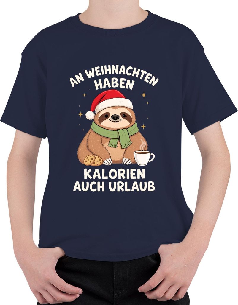 An Weihnachten haben Kalorien auch Urlaub Faultier lustig Keks Uni Kinder T-Shirt, Navy, 104