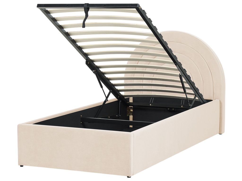 BELIANI Bett mit Bettkasten Beige Samt Gepolstert Lattenrost 90 x 200 cm Hochklappbar Hohes Rundes Kopfteil Retro Schlafzimmer Möbel Ausstattung
