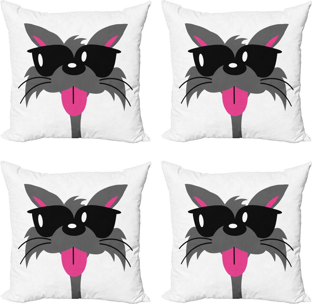 ABAKUHAUS Sonnenbrille Kissenbezug Set (4 Stück), Muster einer Katze-Kopf, Moderner Doppelseitiger Digitaldruck, 45 cm x 45 cm, Dunkelgrau Weiß u...