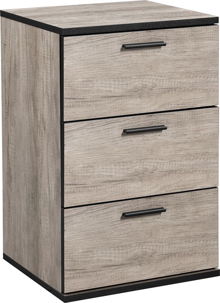 A three-drawer nightstand with a wood-grain finish and black handles, presented against a white background.