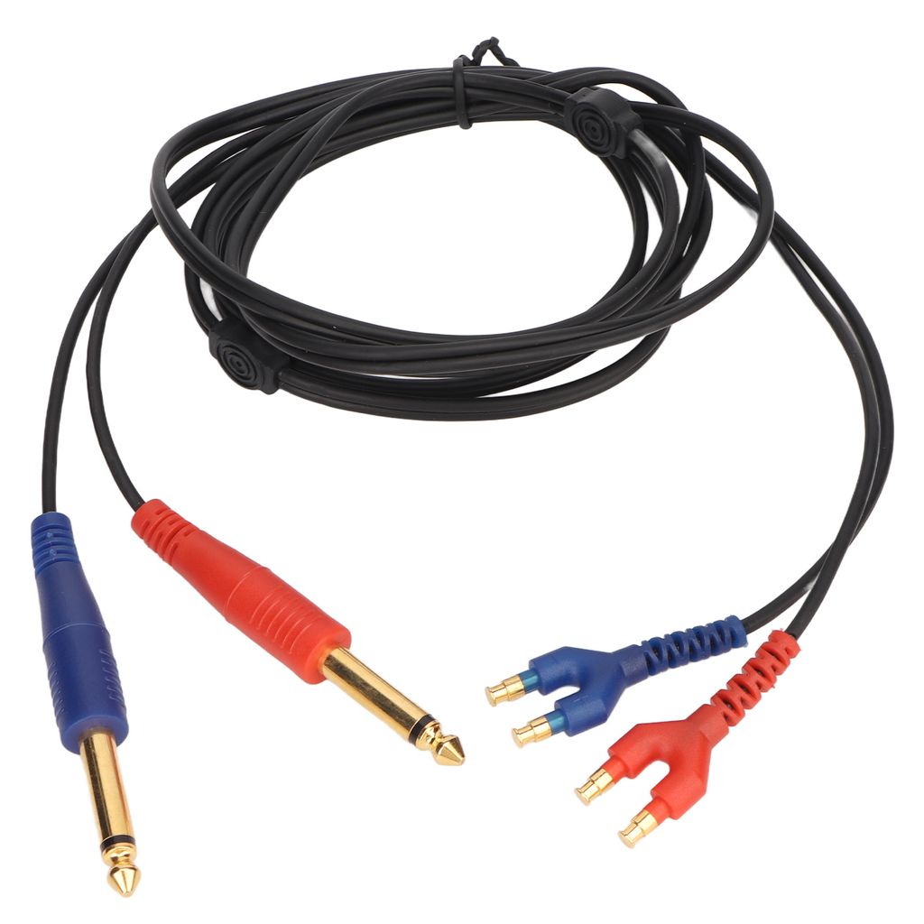 A black audio cable with red and blue connectors, including two 6.35mm jacks and a Y-splitter with two smaller connectors.