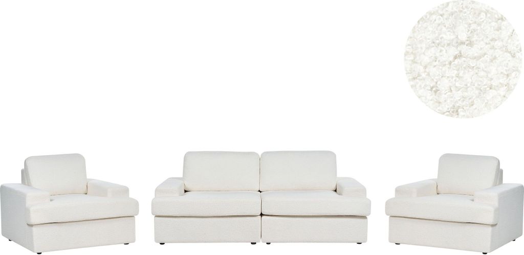 BELIANI Sofa Set 3-Teilig Cremeweiß Stoffbezug Bouclé 3-Sitzer Sofa und 2 Sessel Breite Armlehnen Sitzfläche Dicke Sitzkissen Retro Stil Wohnzimmer